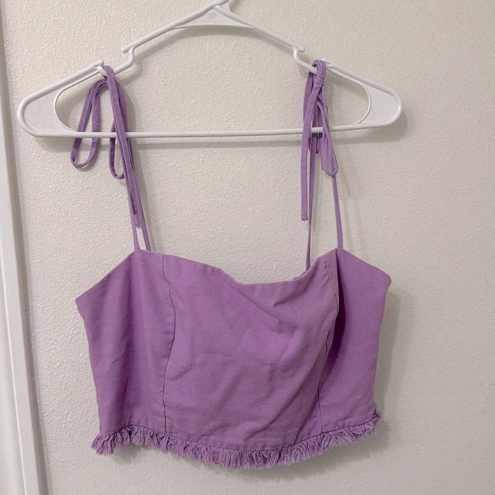 Purple boutique cropped tank top with fringe: size L